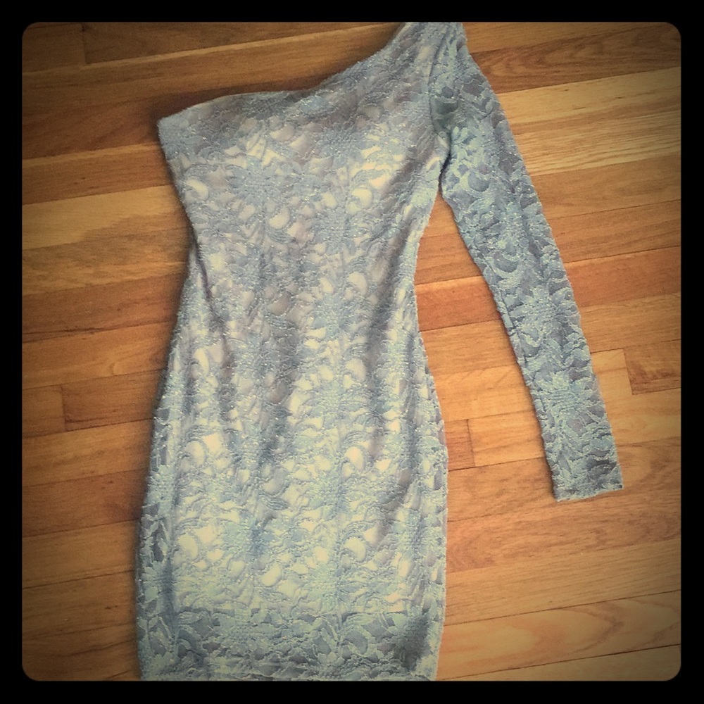 Bodycon one sleeve taupe lace sparkly mini dress.